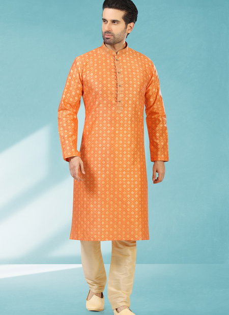 Orange Colour Outluk New Design Jacquard Silk Brocade Party Wear Kurta Pajama Mens Collection 1224-1035
